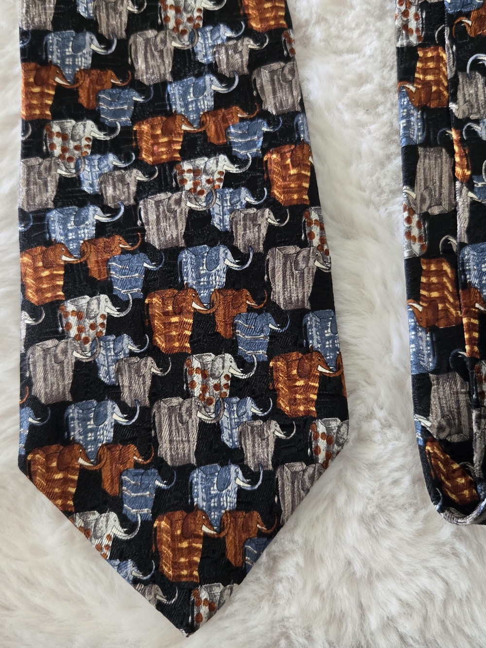 Ermenegildo Zegna Black Tie with Orange, Blue and Gray Elephant Motif
